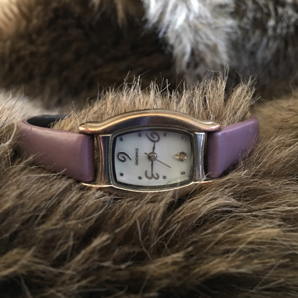 Ladies diamond plum genuine leather band watch
